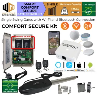 Single Swing Gate Automation Smart Comfort Secure Kit| Smart Access Electric Automatic Motorized Gate System, Driveway Gate Opener for Single Swing Gates With Retro Reflective Safety Sensor, Remootio.