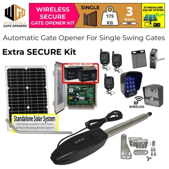 Standalone Solar OFF Grid Single Swing Gate Automation Wireless Secure Base Kit| Wireless Controller Electric Automatic Motorized Gate System, Driveway Gate Opener for Single Swing Gates