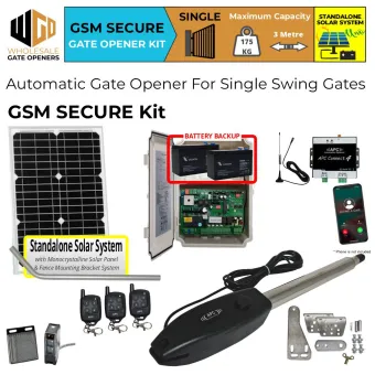 Standalone Solar OFF Grid Single Swing Gate Automation GSM Secure Base Kit| GSM operated Electric Automatic Motorized Gate System, Driveway Gate Opener for Single Swing Gates