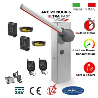 Ultra Fast Italian Made Universal Boom Gate 24V DC, Boom Barrier / Boom Gate / Parking Barrier, Car Parking Access Control APC V2 NUUR 6, Remote Controls, Induction Loop Detectors and Retro Reflective Safety Sensor