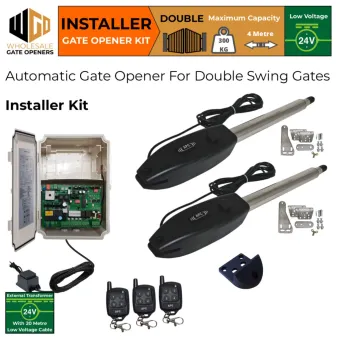 Gate Opener Installer Kit for Double Swing Gates With Remote Controls, 24V External Transformer and 20m Low Voltage Cable | Electric Automatic Gate System, Driveway Gate Automation for Swing Gates
