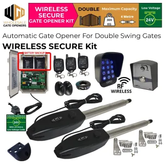 Gate Opener Wireless Secure Kit for Double Swing Gates With Wireless Keypad and Push Button Switch, Safety Sensor, Battery Backup, Remote Controls, 24V External Transformer and 20m Low Voltage Cable  | Electric Automatic Motorized Gate System, Driveway Gate Opener for Double Swing Gates