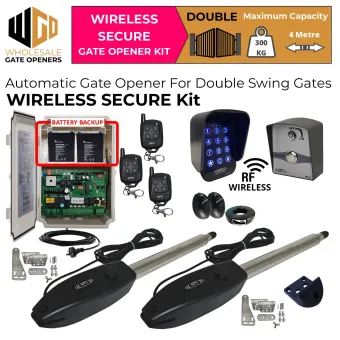 Double Swing Gate Automation Wireless Secure Kit With Wireless Keypad and Push Button Switch, Safety Sensor, Battery Backup, Remote Controls | Electric Automatic Motorized Gate System, Driveway Gate Opener for Double Swing Gates