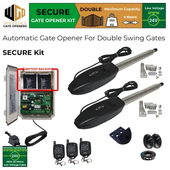 Gate Opener Secure Kit for Double Swing Gates With Safety Sensor, Battery Backup, Remote Controls, 24V External Transformer and 20m Low Voltage Cable | Electric Automatic Gate System, Driveway Gate Automation for Swing Gates