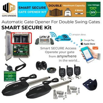 Gate Opener Smart Secure Kit for Double Swing Gates With WiFi Switch - DUAL Relay Wifi Remote Smart Switch Gate Garage Door Openers IOS and Android APP Control, Safety Sensor, Battery Backup, Remote Controls, 24V External Transformer and 20m Low Voltage Cable | Electric Automatic Gate System, Driveway Gate Automation for Swing Gates