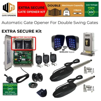 Gate Opener Extra Secure Kit for Double Swing Gates With Automatic Gate Electric Lock, Wireless Keypad, Safety Sensor, Battery Backup, Remote Controls, 24V External Transformer and 20m Low Voltage Cable | Electric Motor Gate Automation System, Driveway Gate Opener for Double Swing Gates