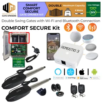 Gate Opener Smart Secure Comfort Kit for Double Swing Gates With Remootio 3 Smart Gate Access Control WiFi Switch, Safety Sensor, Battery Backup, Remote Controls, 24V External Transformer and 20m Low Voltage Cable | Electric Motor Gate Automation System, Driveway Gate Opener for Double Swing Gates