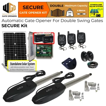 Solar Powered Gate Automation Secure Kit With Safety Sensor, Off-Grid Standalone Solar Power and High Capacity Battery System, Remote Controls | Solar Electric Automatic Gate Opener for Double Swing Driveway Gates