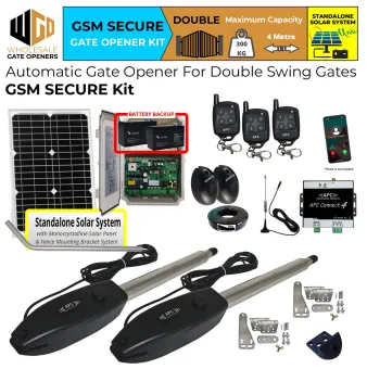 Solar Powered Gate Automation GSM Secure Kit With 4G Network Receiver Control, Safety Sensor, Off-Grid Standalone Solar Power and High Capacity Battery System, Remote Controls | Solar Electric Automatic Gate Opener for Double Swing Driveway Gates