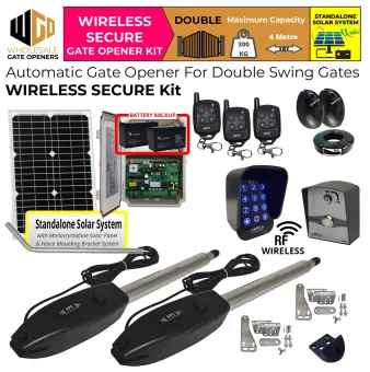 Solar Powered Gate Automation Wireless Secure Kit With Wireless Keypad and Push Button Switch, Safety Sensor, Off-Grid Standalone Solar Power and High Capacity Battery System, Remote Controls | Solar Electric Automatic Gate Opener for Double Swing Driveway Gates