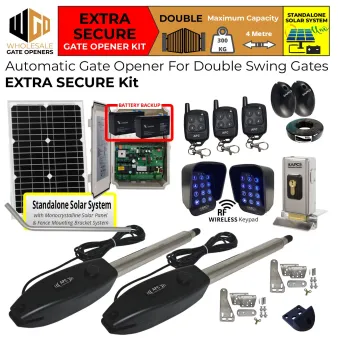 Solar Powered Gate Automation Extra Secure Kit With 24V Electric Gate Lock, Wireless Keypads, Safety Sensor, Off-Grid Standalone Solar Power and High Capacity Battery System, Remote Controls | Solar Electric Automatic Gate Opener for Double Swing Driveway Gates