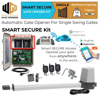 Single Swing Gate Opener Smart Secure Kit with Wi-Fi Switch, Remote Controls , Retro Reflective Safety Sensor, APC-T550 Telescopic Linear Actuator and Battery Backup | Remote Control Electric Gate Automation System for Single Swing Automatic Driveway Gates