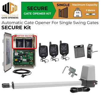 Single Swing Gate Opener Secure Kit with Retro Reflective Safety Sensor, APC-T550 Telescopic Linear Actuator and Battery Backup | Remote Control Electric Gate Automation System for Single Swing Automatic Driveway Gates