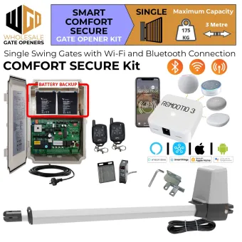 Single Swing Gate Opener Smart Comfort Secure Kit with Remootio 3 Smart Gate Entry and Exit Access Control (Airbnb Friendly Property Access Control), Retro Reflective Safety Sensor, APC-T550 Telescopic Linear Actuator and Battery Backup | Remote Control Electric Gate Automation System for Single Swing Automatic Driveway Gates
