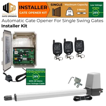 Single Swing Gate Opener Installer Kit with APC-T550 Telescopic Linear Actuator and 24V External Transformer and 20m Low Voltage Cable | Remote Control Electric Gate Automation System for Single Swing Automatic Driveway Gates