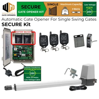 Single Swing Gate Opener Secure Kit with Retro Reflective Safety Sensor, APC-T550 Telescopic Linear Actuator, Battery Backup and 24V External Transformer and 20m Low Voltage Cable | Remote Control Electric Gate Automation System for Single Swing Automatic Driveway Gates