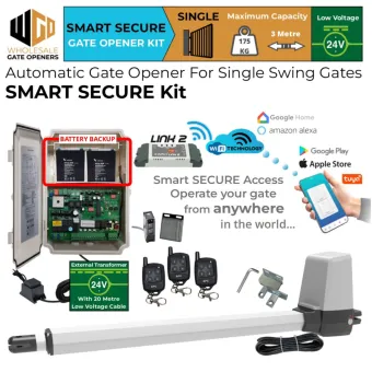 Single Swing Gate Opener Smart Secure Kit with Wi-Fi Switch, Remote Controls , Retro Reflective Safety Sensor, APC-T550 Telescopic Linear Actuator, Battery Backup and 24V External Transformer and 20m Low Voltage Cable | Remote Control Electric Gate Automation System for Single Swing Automatic Driveway Gates