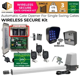 Single Swing Gate Opener Wireless Secure Kit with Retro Reflective Safety Sensor, Wireless Keypad and Push Button, APC-T550 Telescopic Linear Actuator, Battery Backup and 24V External Transformer and 20m Low Voltage Cable | Wireless Access Remote Control Electric Gate Automation System for Single Swing Automatic Driveway Gates