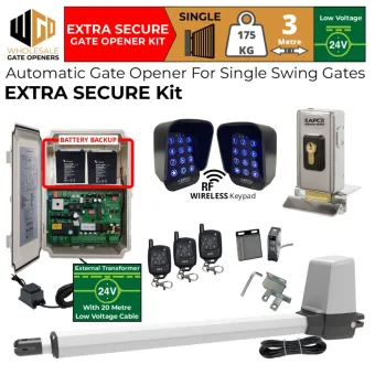 Single Swing Gate Opener Extra Secure Kit with Automatic Electric Gate Lock, Retro Reflective Safety Sensor, Wireless Keypads for Gate Entry and Exit, APC-T550 Telescopic Linear Actuator, Battery Backup and 24V External Transformer and 20m Low Voltage Cable | Wireless Access Remote Control Electric Gate Automation System (Airbnb Friendly Property Access Control) for Single Swing Automatic Driveway Gates