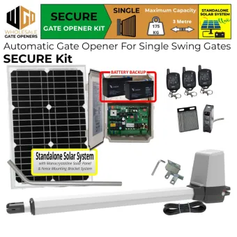 Standalone Solar OFF Grid Single Swing Gate Opener Secure Kit with APC-T550 Telescopic Linear Actuator and Retro Reflective Safety Sensor | Remote Control Electric Gate Automation System for Single Swing Automatic Driveway Gates