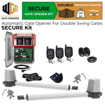 Double Swing Gate Opener Secure Kit with APC-T650 Telescopic Linear Actuators and Safety Sensors | Remote Control Electric Gate Automation System for Double Swing Automatic Driveway Gates