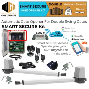 Double Swing Gate Opener Smart Secure Kit with APC-T650 Telescopic Linear Actuators and Safety Sensors, Battery Backup and WiFi Switch - DUAL Relay Wifi Remote Smart Switch Gate Garage Door Openers IOS and Android APP Control | Remote Control Electric Gate Automation System for Double Swing Automatic Driveway Gates