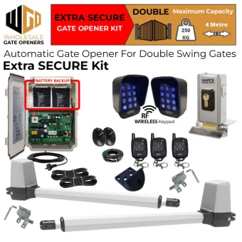 Double Swing Gate Opener Extra Secure Kit with APC-T650 Telescopic Linear Actuators, Safety Sensors, Wireless Keypads for Gate Entry and Exit, Electric Lock and Battery Backup | Remote Control Electric Gate Automation System for Double Swing Automatic Driveway Gates