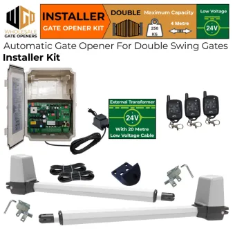 Double Swing Gate Opener Installer Kit with APC-T650 Telescopic Linear Actuators and 24V External Transformer and 20m Low Voltage Cable | Remote Control Electric Gate Automation System for Double Swing Automatic Driveway Gates
