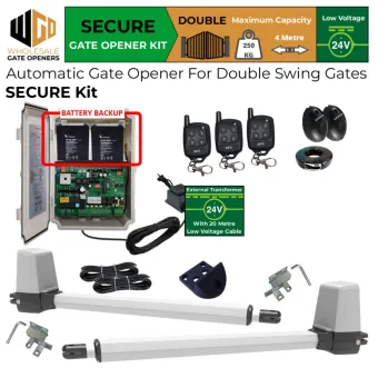 Double Swing Gate Opener Secure Kit With Retro Reflective Safety Sensor, APC-T650 Telescopic Linear Actuator, Battery Backup and 24V External Transformer and 20m Low Voltage Cable | Remote Control Electric Gate Automation System for Double Swing Automatic Driveway Gates