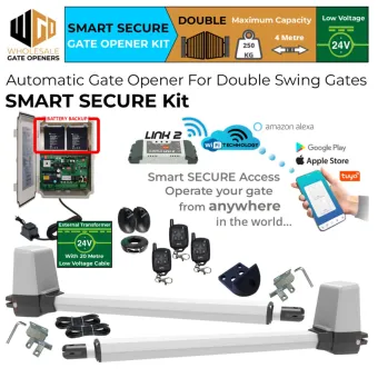 Double Swing Gate Opener Smart Secure Kit with APC-T650 Telescopic Linear Actuators and Safety Sensors, Battery Backup, 24V External Transformer and 20m Low Voltage Cable and WiFi Switch - DUAL Relay Wifi Remote Smart Switch Gate Garage Door Openers IOS and Android APP Control | Remote Control Electric Gate Automation System for Double Swing Automatic Driveway Gates