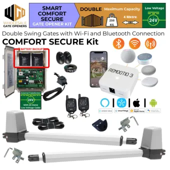 Double Swing Gate Opener Smart Comfort Secure Kit with APC-T650 Telescopic Linear Actuators, Safety Sensors, Battery Backup, 24V External Transformer and 20m Low Voltage Cable and Smart Gate Access Control WiFi Switch | Remote Control Electric Gate Automation System for Double Swing Automatic Driveway Gates