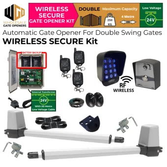Double Swing Gate Opener Wireless Secure Kit with APC-T650 Telescopic Linear Actuators, Safety Sensors, Wireless Keypad and Push Button for Gate Entry and Exit,  24V External Transformer and 20m Low Voltage Cable and Battery Backup | Remote Control Electric Gate Automation System for Double Swing Automatic Driveway Gates
