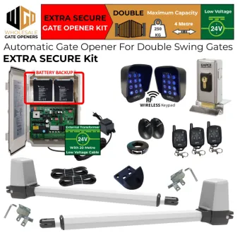 Double Swing Gate Opener Extra Secure Kit with APC-T650 Telescopic Linear Actuators, Safety Sensors, Wireless Keypads for Gate Entry and Exit, Electric Lock, 24V External Transformer and 20m Low Voltage Cable and Battery Backup | Remote Control Electric Gate Automation System for Double Swing Automatic Driveway Gates