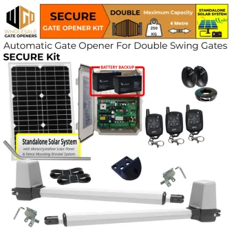 Standalone Solar OFF Grid Double Swing Gate Opener Secure Kit with APC-T650 Telescopic Linear Actuator and Safety Sensors | Remote Control Electric Gate Automation System for Double Swing Automatic Driveway Gates