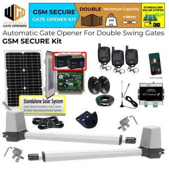 Standalone Solar OFF Grid Double Swing Gate Opener GSM Secure Kit with 4G Network Receiver Control, APC-T650 Telescopic Linear Actuator and Safety Sensors | Remote Control Electric Gate Automation System for Double Swing Automatic Driveway Gates