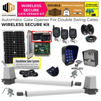 Standalone Solar OFF Grid Double Swing Gate Opener Wireless Secure Kit with APC-T650 Telescopic Linear Actuator, Safety Sensor, Wireless Keypad and Push Button for Gate Entry and Exit | Remote Control Electric Gate Automation System for Double Swing Automatic Driveway Gates