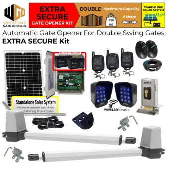 Standalone Solar OFF Grid Double Swing Gate Opener Extra Secure Kit with APC-T650 Telescopic Linear Actuator, Safety Sensor, Wireless Keypads for Gate Entry and Exit and Electric Lock | Remote Control Electric Gate Automation System for Double Swing Automatic Driveway Gates