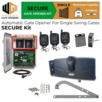 Single Swing Gate Opener Secure Kit with APC-790 Forward/Side Mount Extra Heavy Duty Articulated System, Safety Sensors and Battery Backup | Electric Gate Automation System With Adjustable Limit Switches for Single Swing Automatic Driveway Gates