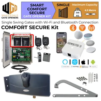 Single Swing Gate Opener Smart Comfort Secure Kit with Remootio 3 Smart Gate Entry and Exit Access Control, APC-790 Forward/Side Mount Extra Heavy Duty Articulated System, Safety Sensors and Battery Backup | Electric Gate Automation System With Adjustable Limit Switches for Single Swing Automatic Driveway Gates