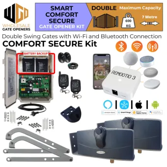 Double Swing Gate Opener Smart Comfort Secure Kit with Remootio 3 Smart Gate Entry and Exit Access Control, APC-790 Forward/Side Mount Extra Heavy Duty Articulated System, WiFi Switch, Safety Sensors and Battery Backup | Electric Gate Automation System With Adjustable Limit Switches for Double Swing Automatic Driveway Gates