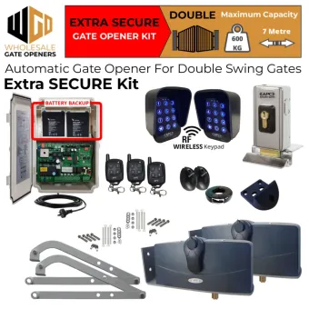 Double Swing Gate Opener Extra Secure Kit with Wireless Keypads for Gate Entry and Exit, Electric Lock, APC-790 Forward/Side Mount Extra Heavy Duty Articulated System, Safety Sensors and Battery Backup | Electric Gate Automation System With Adjustable Limit Switches for Double Swing Automatic Driveway Gates