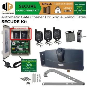 Single Swing Gate Opener Secure Kit with APC-790 Forward/Side Mount Extra Heavy Duty Articulated System, 24V External Transformer and 20m Low Voltage Cable, Safety Sensors and Battery Backup | Electric Gate Automation System With Adjustable Limit Switches for Single Swing Automatic Driveway Gates
