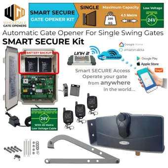 Single Swing Gate Opener Smart Secure Kit with Wi-Fi Switch, APC-790 Forward/Side Mount Extra Heavy Duty Articulated System, Safety Sensors, 24V External Transformer and 20m Low Voltage Cable and Battery Backup | Electric Gate Automation System With Adjustable Limit Switches for Single Swing Automatic Driveway Gates