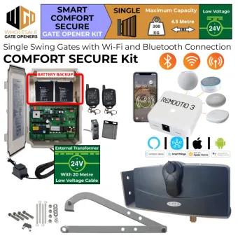 Single Swing Gate Opener Smart Comfort Secure Kit with Remootio 3 Smart Gate Entry and Exit Access Control, APC-790 Forward/Side Mount Extra Heavy Duty Articulated System, Safety Sensors, 24V External Transformer and 20m Low Voltage Cable and Battery Backup | Electric Gate Automation System With Adjustable Limit Switches for Single Swing Automatic Driveway Gates