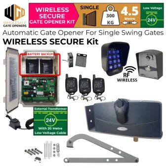 Single Swing Gate Opener Wireless Secure Kit with APC-790 Forward/Side Mount Extra Heavy Duty Articulated System, 24V External Transformer and 20m Low Voltage Cable, Wireless Keypad and Push Button for Gate Entry and Exit, Safety Sensors and Battery Backup | Electric Gate Automation System With Adjustable Limit Switches for Single Swing Automatic Driveway Gates