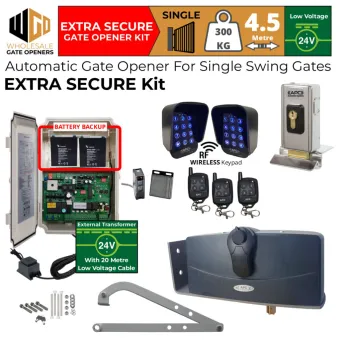 Single Swing Gate Opener Extra Secure Kit with APC-790 Forward/Side Mount Extra Heavy Duty Articulated System, 24V External Transformer and 20m Low Voltage Cable, Wireless Keypads for Gate Entry and Exit, Safety Sensors, Electric Lock and Battery Backup | Electric Gate Automation System With Adjustable Limit Switches for Single Swing Automatic Driveway Gates