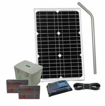 Complete Solar Power Solution for Gate Automation Systems. 24 Volt Solar Power Supply System with 9aH Battery and 20 Watts Solar Panel and Post with Fixing Bracket.